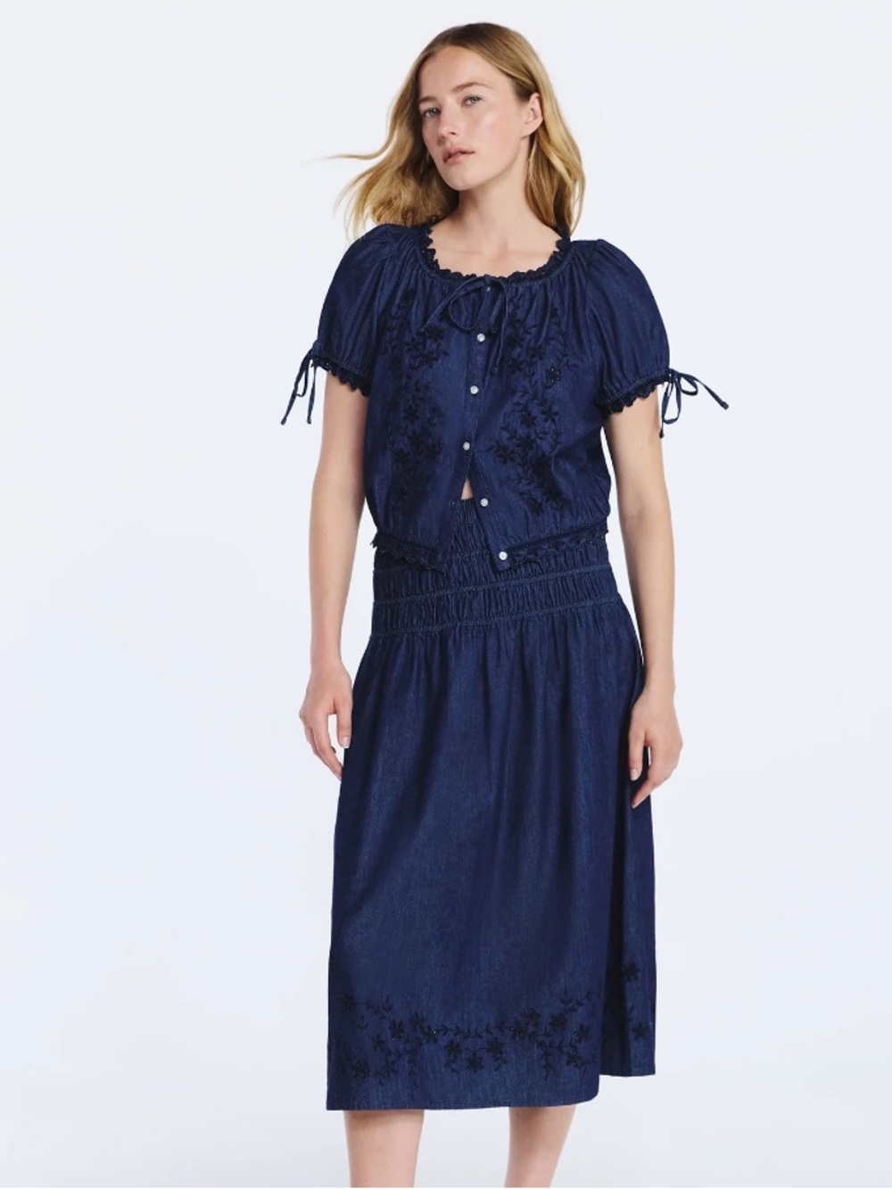 Free Assembly Floral Embroidered Eyelet Peasant Blouse Indigo Medium NWT - Picture 6 of 9
